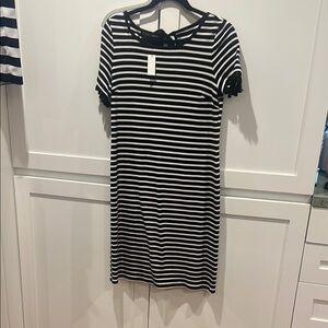 Talbots Chic Black and White Striped tassel sleeves knit Dress